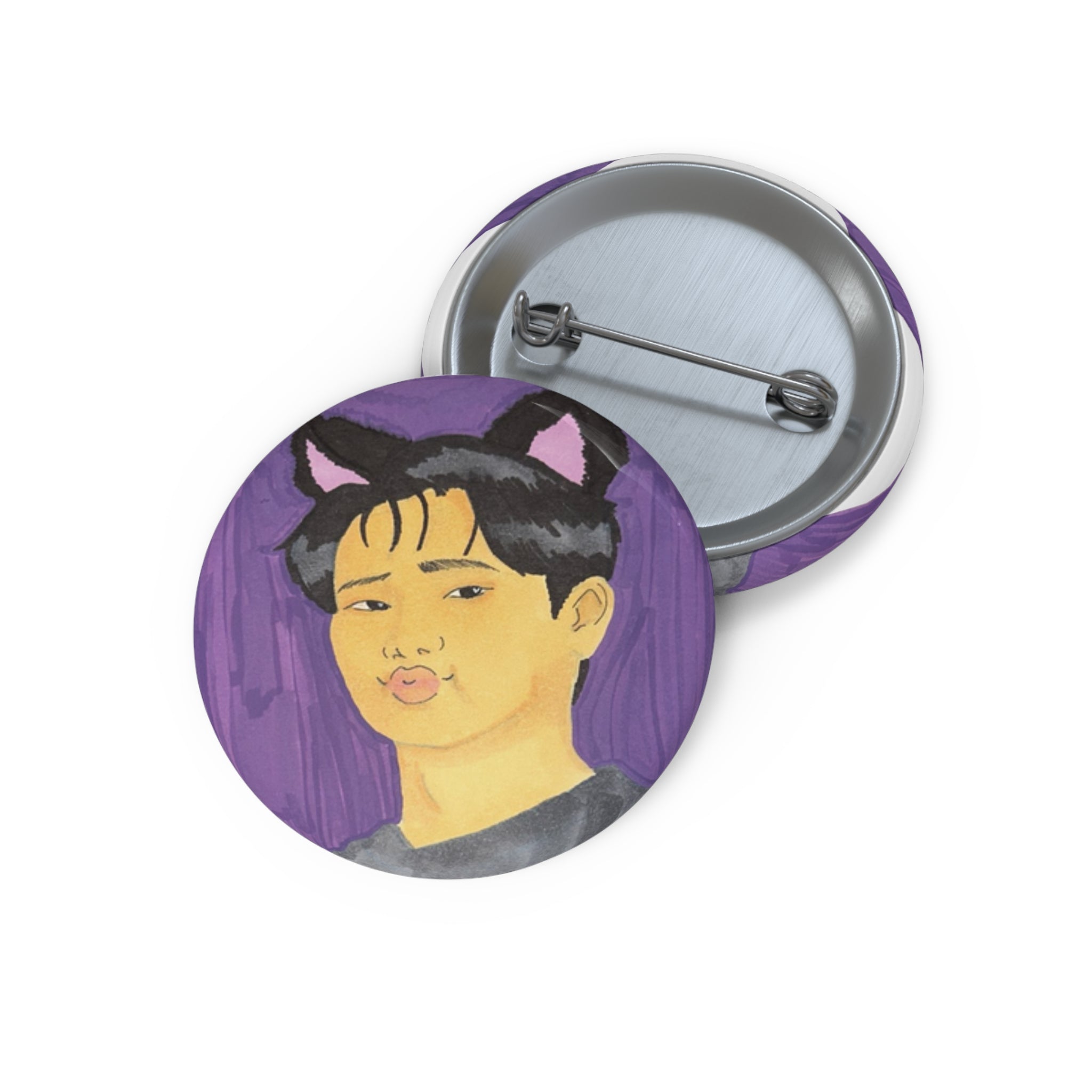 Cat Ear Portrait Pin Button — Cute Kawaii Boy Illustration Button