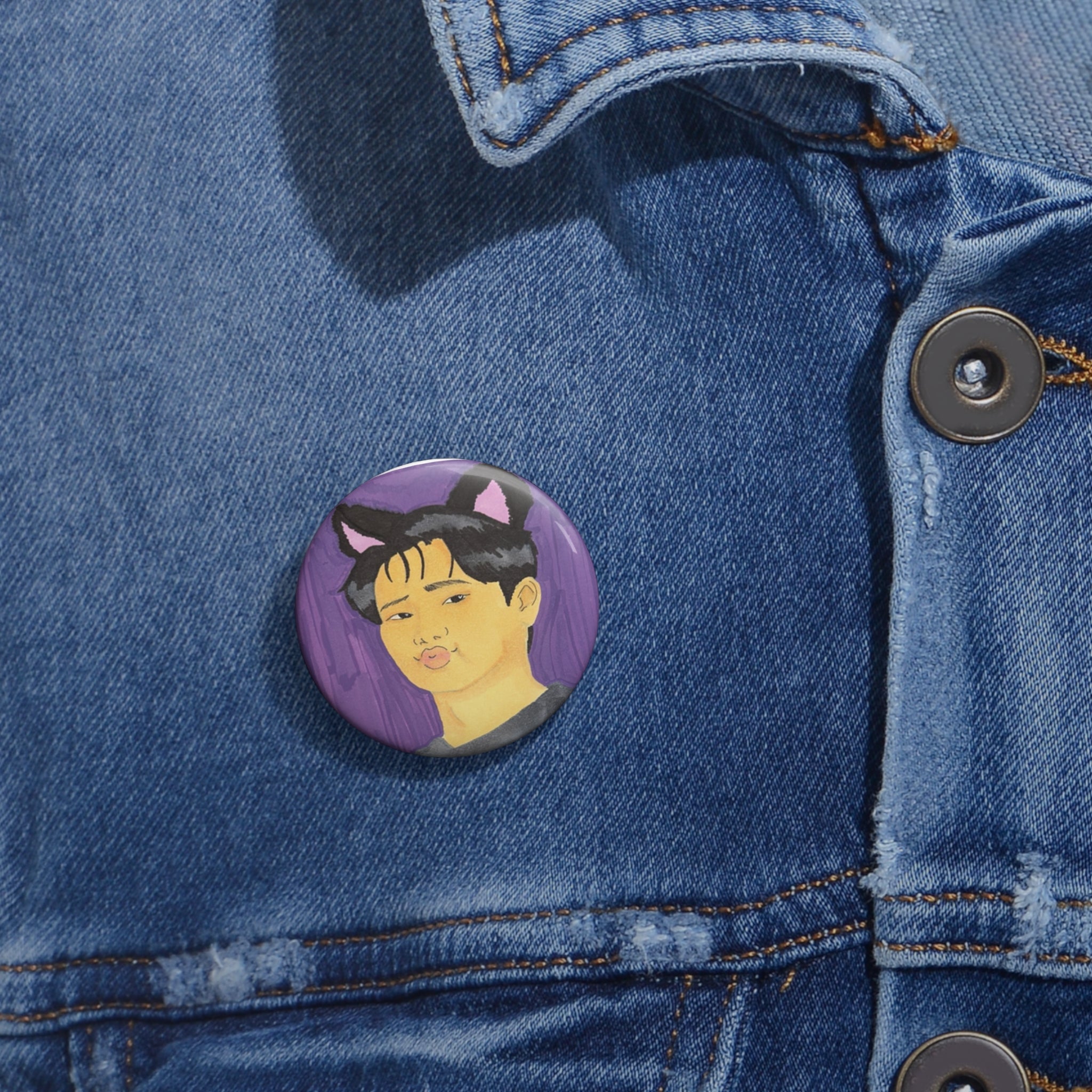 Cat Ear Portrait Pin Button — Cute Kawaii Boy Illustration Button